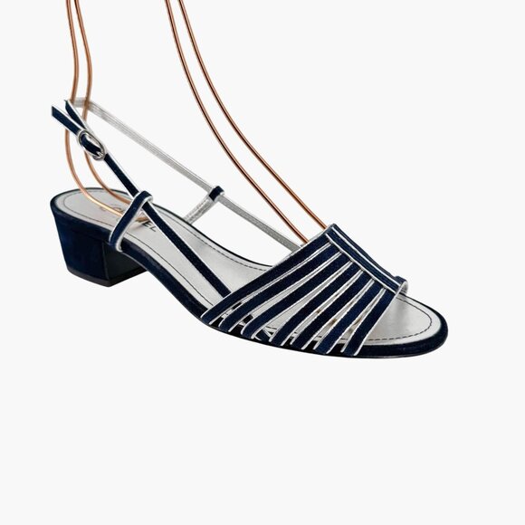 Chanel CC Strappy Slingback Sandals Block Heel Navy Blue Silver Size 37 US 6-6.5 - Picture 8 of 15